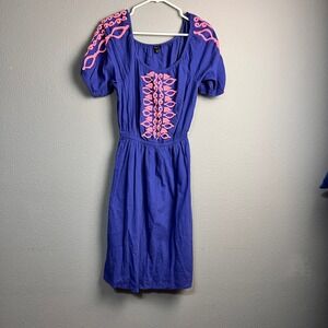 Talbots Blue Cotton‎ Gauze Embroidered Boho Peasant Dress Pink Accents Small
